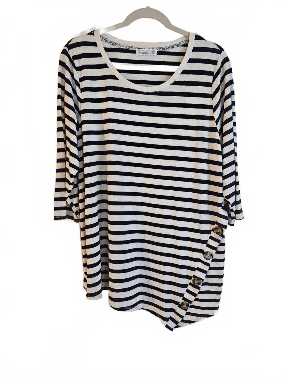 89th + Madison Striped 3/4 Sleeve Top with Button Detail-1X-Fall Comfort Staple!